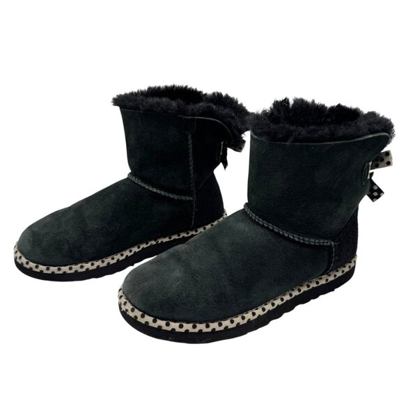 Ugg Boots Women 7 Black Ivory Polka Dot Trim 78 Bailey Bow Classic Mini‎ Outdoor - Picture 1 of 10